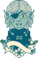 Retro Tattoo Style elf rogue character with natural twenty dice roll png