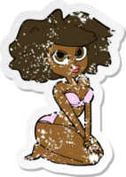 retro distressed sticker of a cartoon woman wearing bikini png