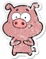 distressed sticker of a happy cartoon pig png