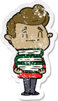 distressed sticker of a happy cartoon man with stack of new books png