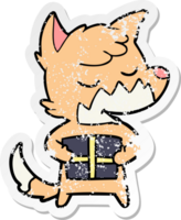 distressed sticker of a friendly cartoon fox with christmas present png