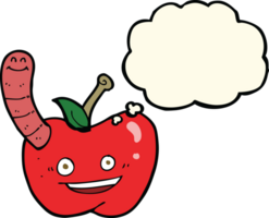 tekenfilm appel met worm met gedachte bubbel png
