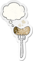 cartoon sausage and fork with thought bubble as a distressed worn sticker png