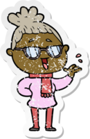 distressed sticker of a cartoon happy woman wearing spectacles png