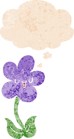 cartoon flower with happy face with thought bubble in grunge distressed retro textured style png