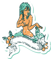 distressed sticker tattoo in traditional style of a pinup mermaid with banner png