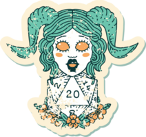 grunge sticker of a tiefling with natural twenty dice roll png