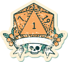 Retro Tattoo Style natural one d20 dice roll png