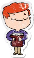 distressed sticker of a cartoon peaceful man carrying book png