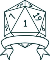 Retro Tattoo Style natural one d20 dice roll png