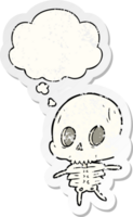 cartoon skeleton with thought bubble as a distressed worn sticker png