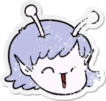 distressed sticker of a cartoon alien space girl face png