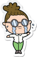 sticker of a cartoon crying woman wearing spectacles png