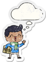 cartoon laughing boy with thought bubble as a distressed worn sticker png