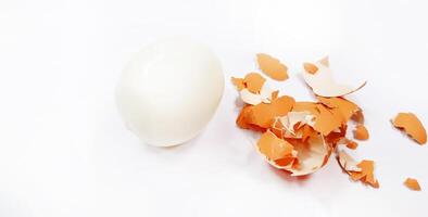 Boiled egg with egg shell isolated on white background. Healthy or Low calories food, Eating and Protein concept photo