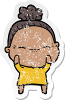 distressed sticker of a cartoon peaceful old woman png