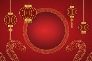 Chinese new year, gold and red, template for greetings, banner, poster. 2025 snake and Chinese lantern and copy space vector