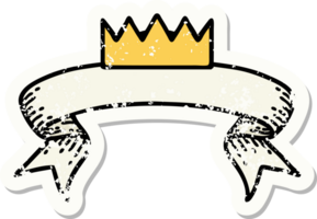 worn old sticker with banner of a crown png