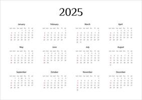 Calendar 2025, the beginning of the week Sunday, , Layout of organizers with 12 months in English. vector