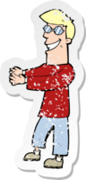 retro nödställd klistermärke av en tecknad flinande man som bär glasögon png