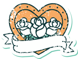 iconico afflitto etichetta tatuaggio stile Immagine di un' cuore e bandiera con fiori png