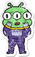 distressed sticker of a surprised three eyed alien png