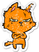 distressed sticker of a tough cartoon cat folding arms png