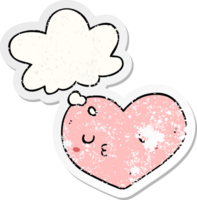 cartoon love heart with thought bubble as a distressed worn sticker png