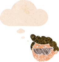 dessin animé garçon portant des lunettes de soleil avec pensée bulle dans grunge affligé rétro texturé style png
