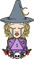 Retro Tattoo Style crying elf witch with natural one D20 roll png