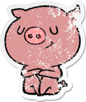 distressed sticker of a happy cartoon pig png