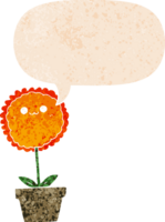 cartoon flower with speech bubble in grunge distressed retro textured style png