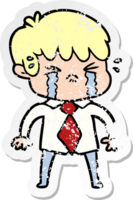 distressed sticker of a cartoon boy crying png