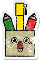 distressed sticker of a cute cartoon pencil pot png