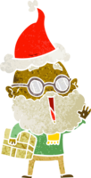 hand drawn retro cartoon of a joyful man with beard and parcel under arm wearing santa hat png