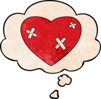 cartoon beaten up heart with thought bubble in grunge texture style png