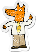 retro distressed sticker of a cartoon business fox with idea png