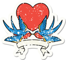 worn old sticker with banner of swallows and a heart png