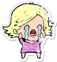 distressed sticker of a cartoon woman crying png