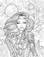 Retro Sci Fi coloring page illustration with beautiful astronaut woman holding blaster gun against space landscape, alien planets and extraterrestrial surfaces, cartoon game concept background vector