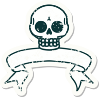 worn old sticker with banner of a skull png