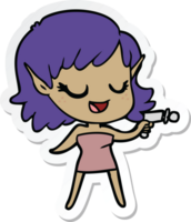 sticker of a happy cartoon space girl with ray gun png