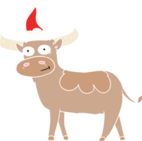 hand drawn flat color illustration of a bull wearing santa hat png