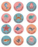 Set Motivational Collection of stickers with the words Practice more Never give up Ocean animals vector