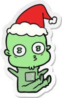 hand- getrokken sticker tekenfilm van een raar kaal ruimtevaarder vervelend de kerstman hoed png