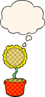 cute cartoon flower with thought bubble in comic book style png