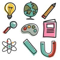 colegio y educación íconos colocar. lámpara, globo, lápiz, bolígrafo, lentes y ninguna más vector