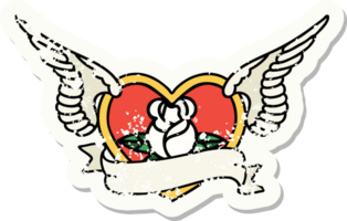 verontrust sticker tatoeëren in traditioneel stijl van een vliegend hart met bloemen en banier png