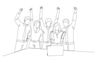 Continuous one line drawing of business people raising hands for celebration in front of laptop, team celebrating after finishing work or project concept, single line art. vector