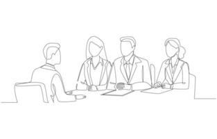 Continuous one line drawing of job applicant having job interview with interview committee, job interview concept, single line art. vector